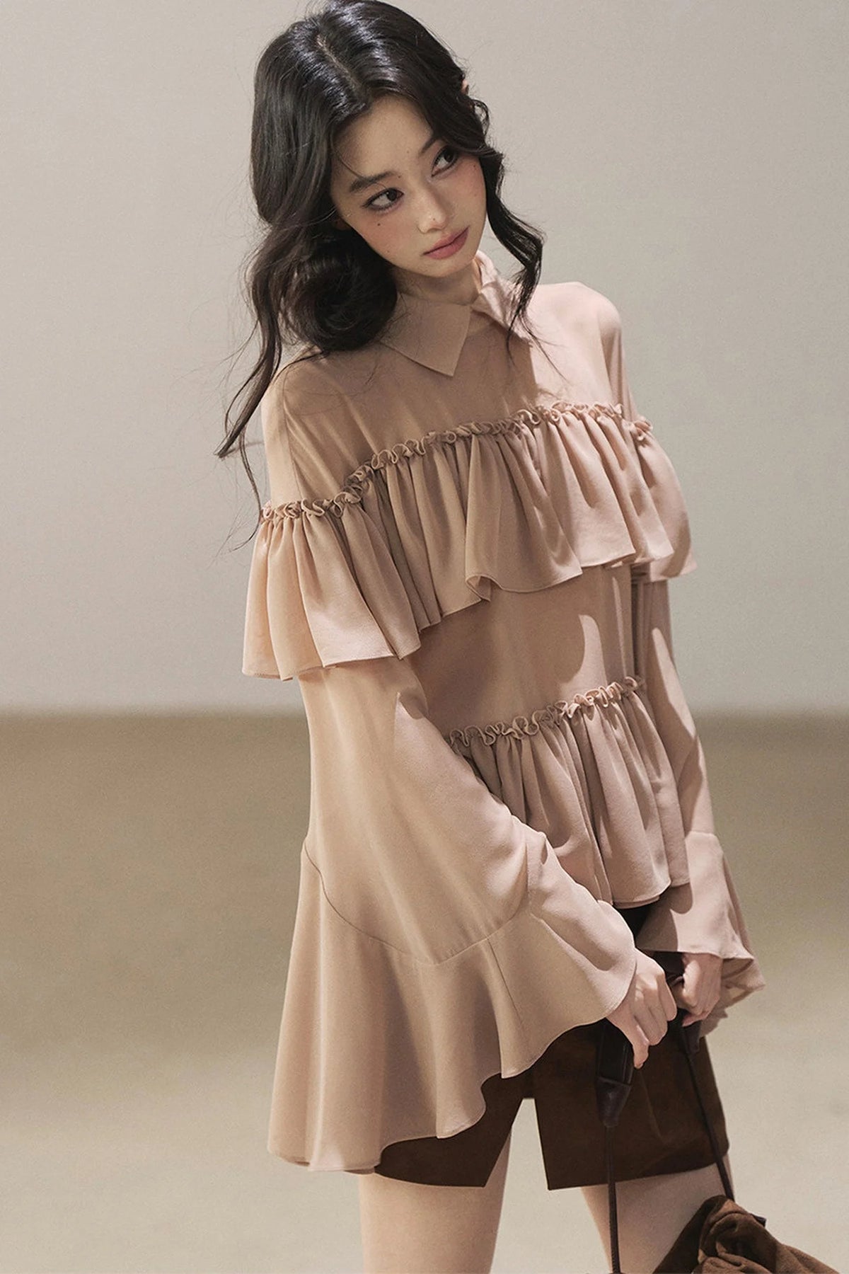 Ruffled Chiffon Polo Blouse