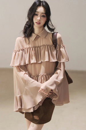 Ruffled Chiffon Polo Blouse