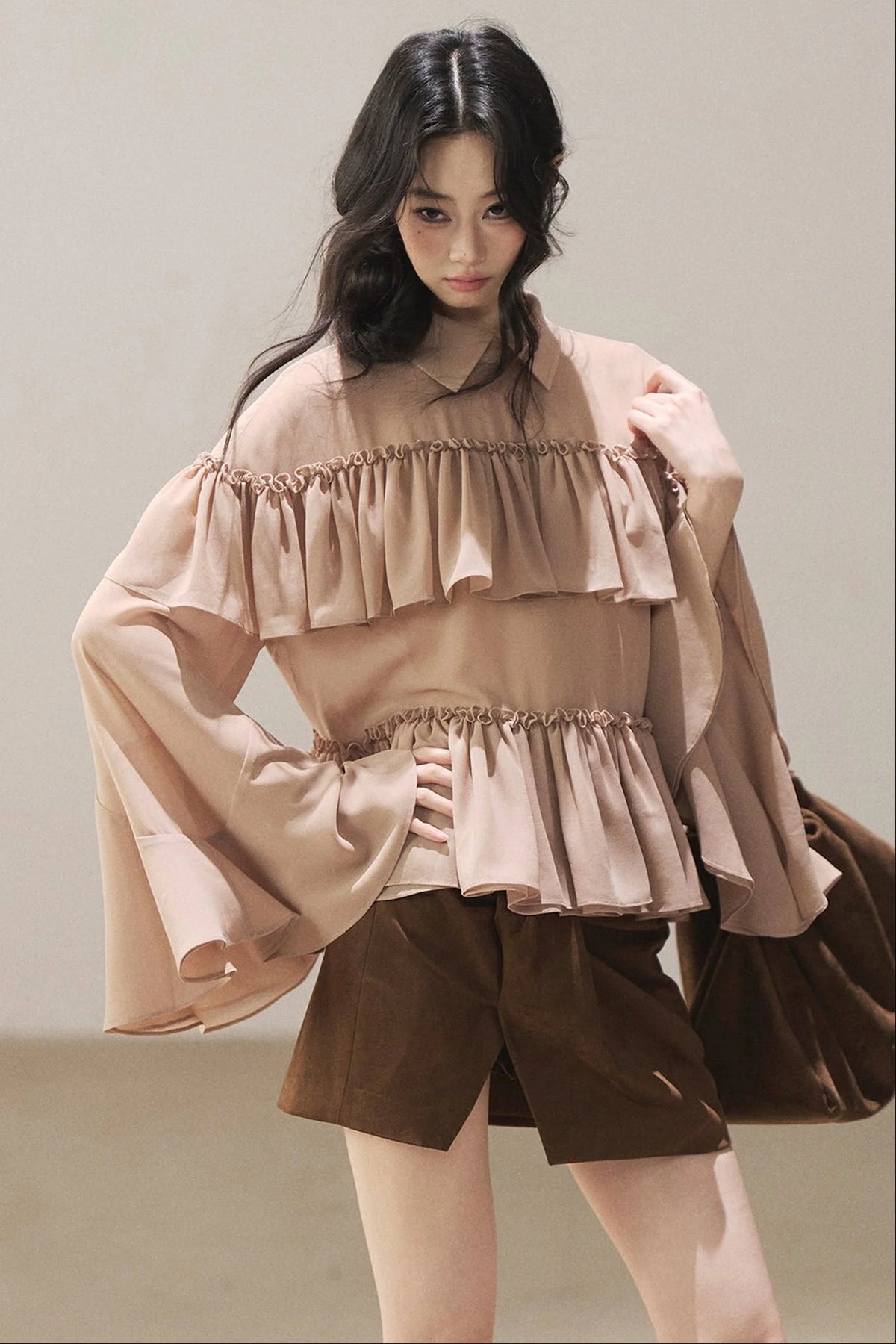 Ruffled Chiffon Polo Blouse