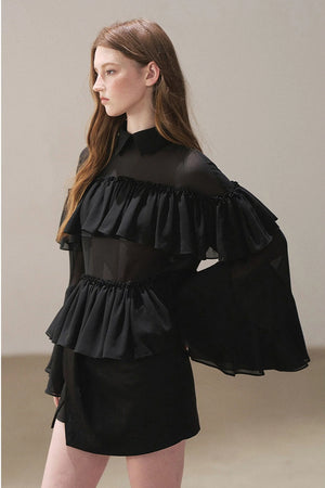 Ruffled Chiffon Polo Blouse