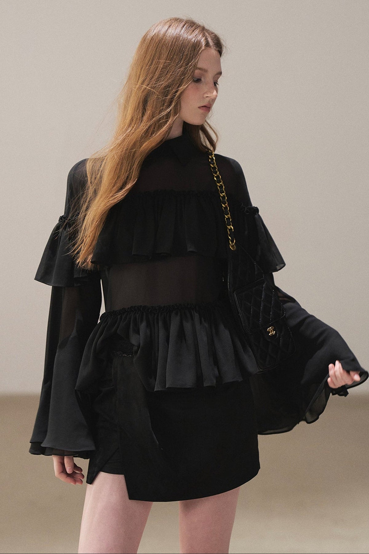 Ruffled Chiffon Polo Blouse