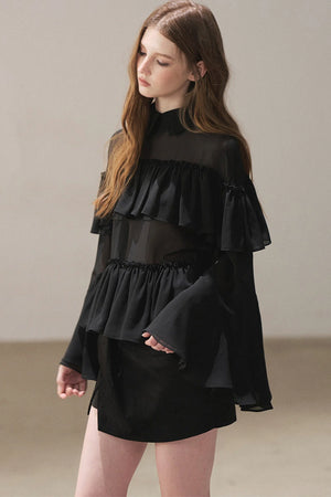 Ruffled Chiffon Polo Blouse