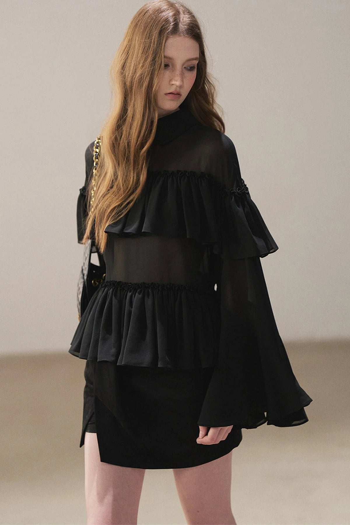 Ruffled Chiffon Polo Blouse