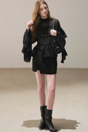Ruffled Chiffon Polo Blouse