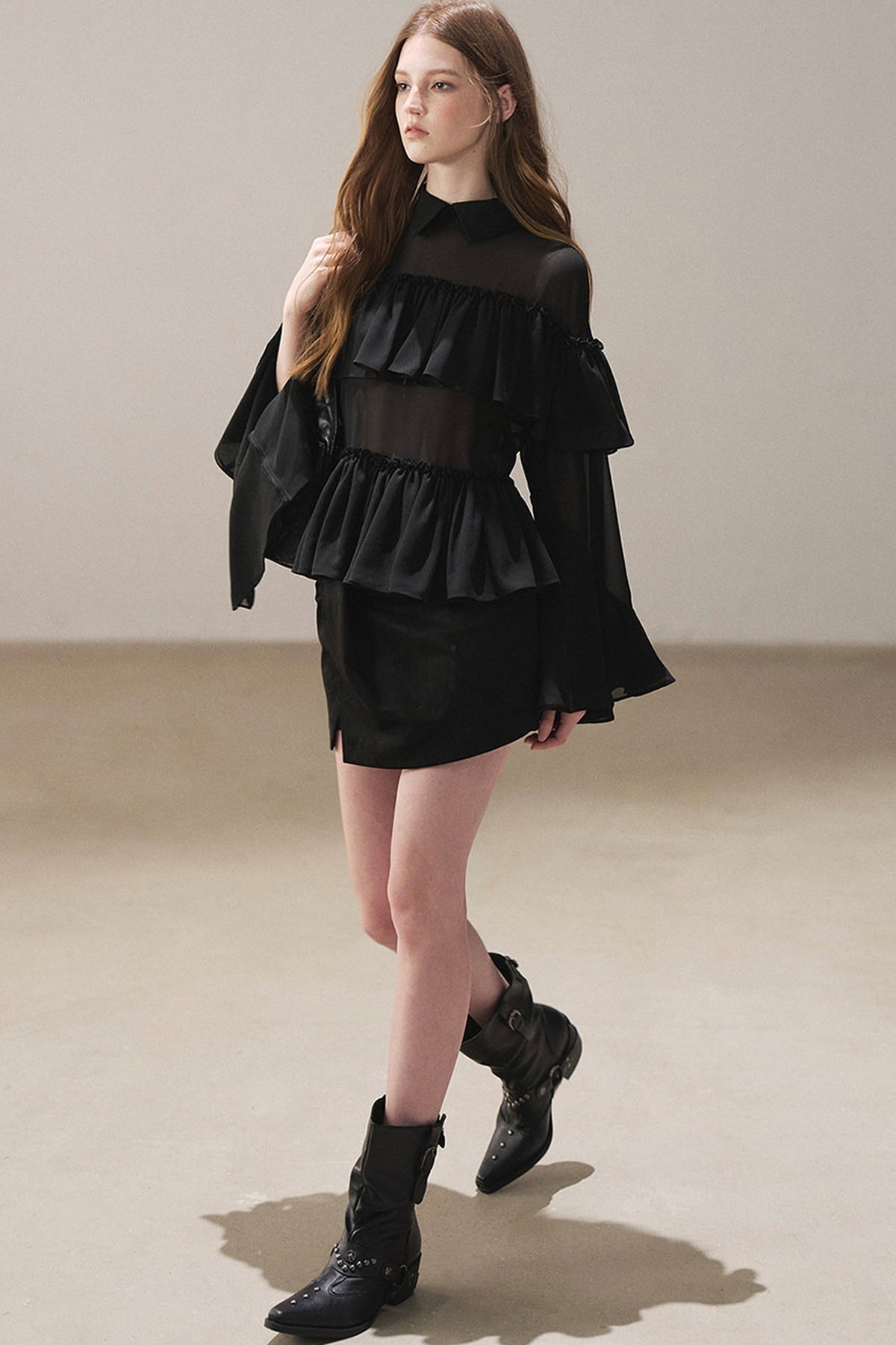 Ruffled Chiffon Polo Blouse