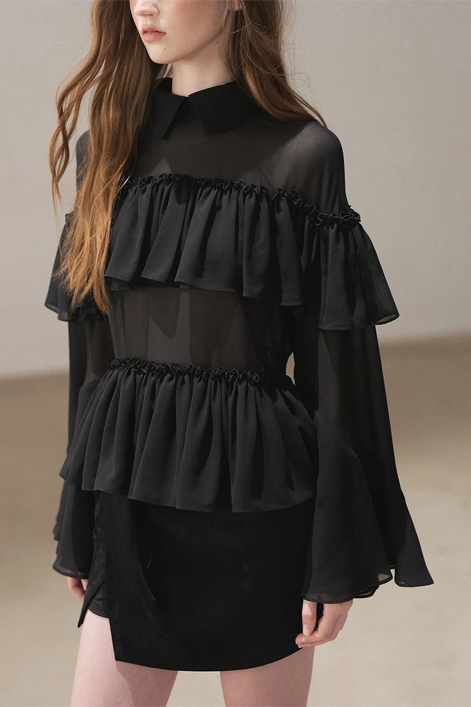 Ruffled Chiffon Polo Blouse