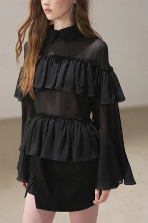 Ruffled Chiffon Polo Blouse