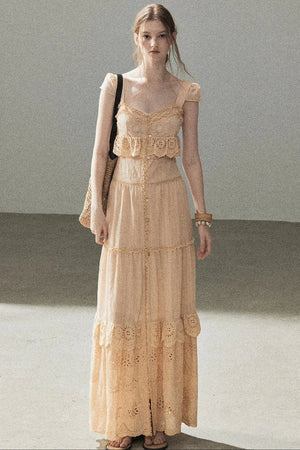 Ruffled French Short-Sleeve Long Dress