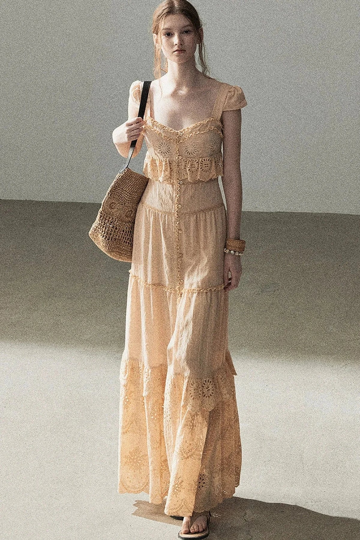 Ruffled French Short-Sleeve Long Dress