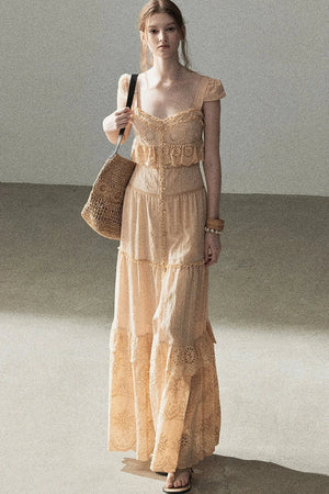 Ruffled French Short-Sleeve Long Dress