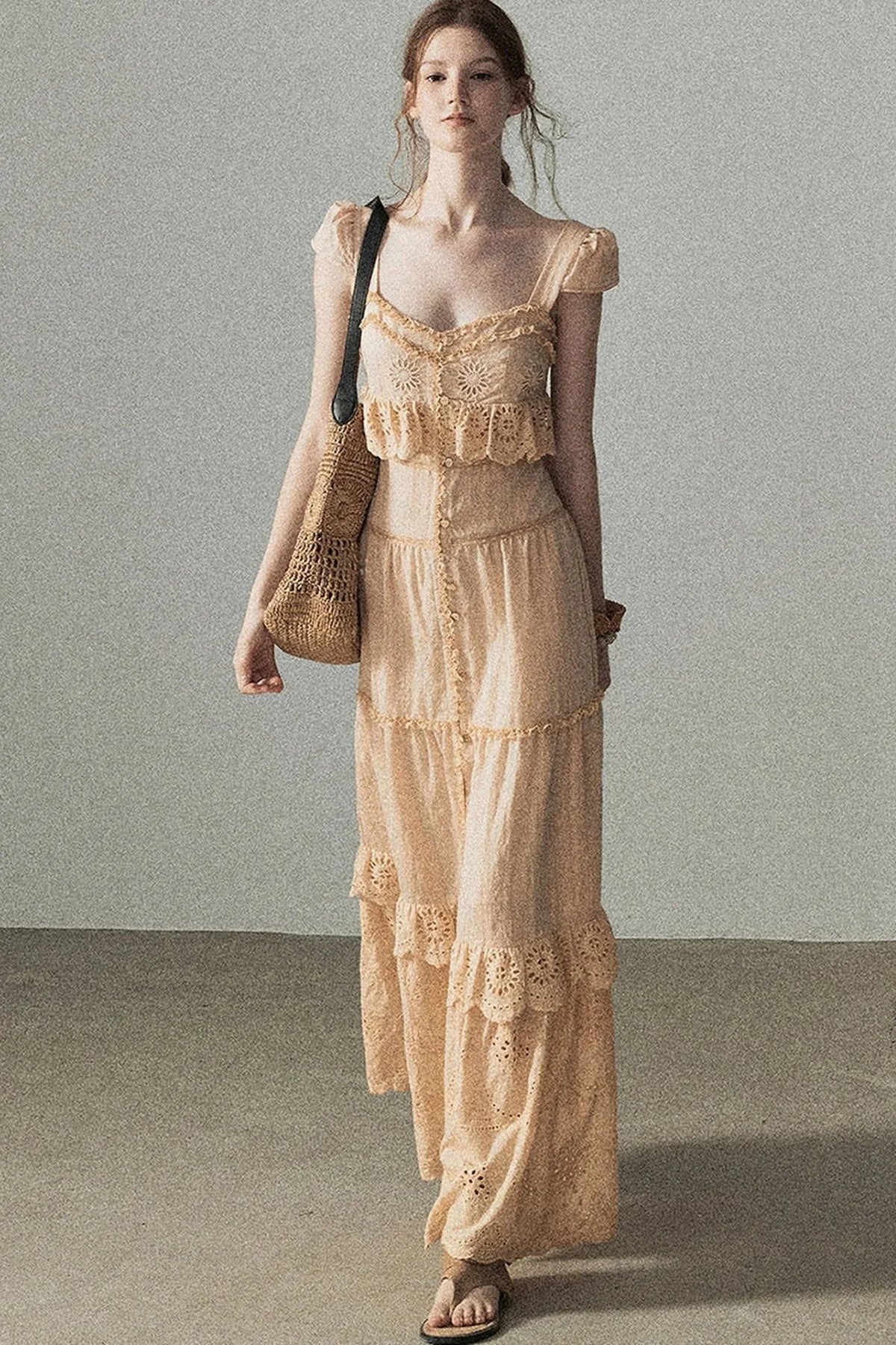 Ruffled French Short-Sleeve Long Dress