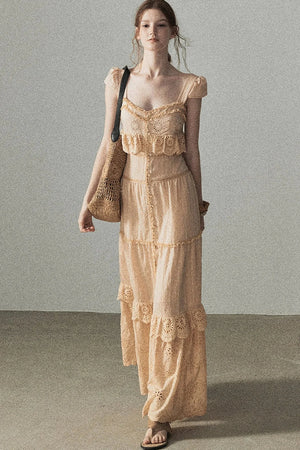 Ruffled French Short-Sleeve Long Dress