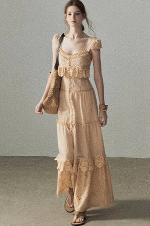 Ruffled French Short-Sleeve Long Dress