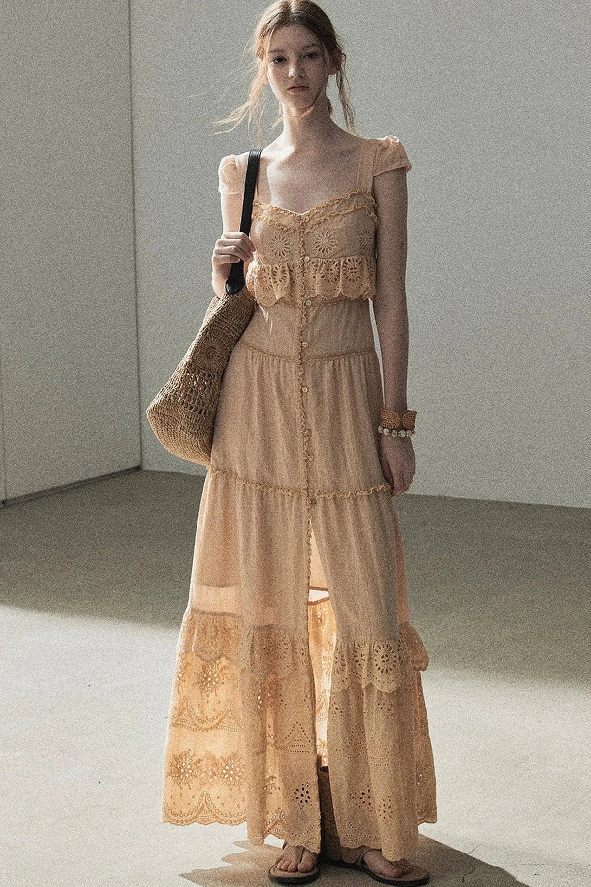Ruffled French Short-Sleeve Long Dress