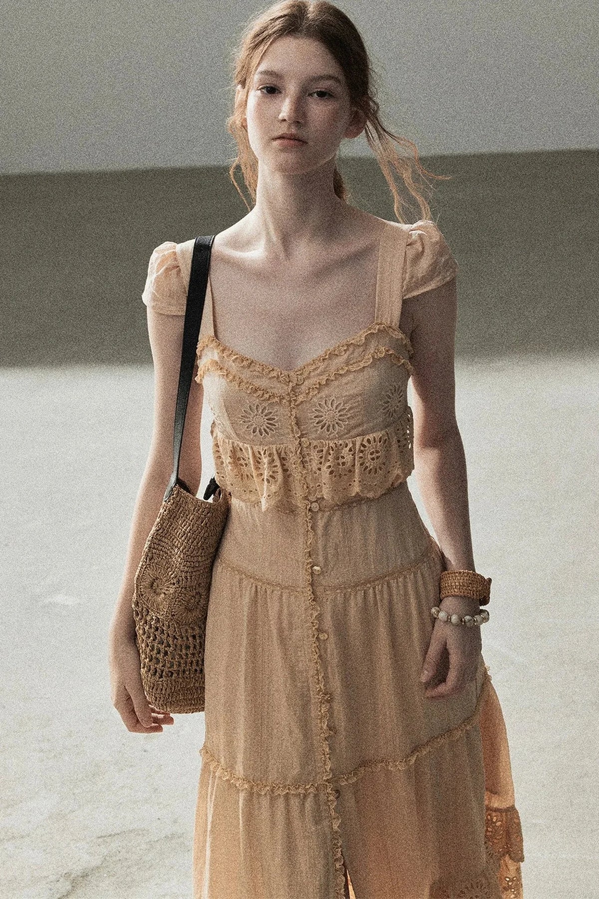 Ruffled French Short-Sleeve Long Dress
