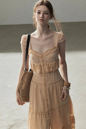 Ruffled French Short-Sleeve Long Dress
