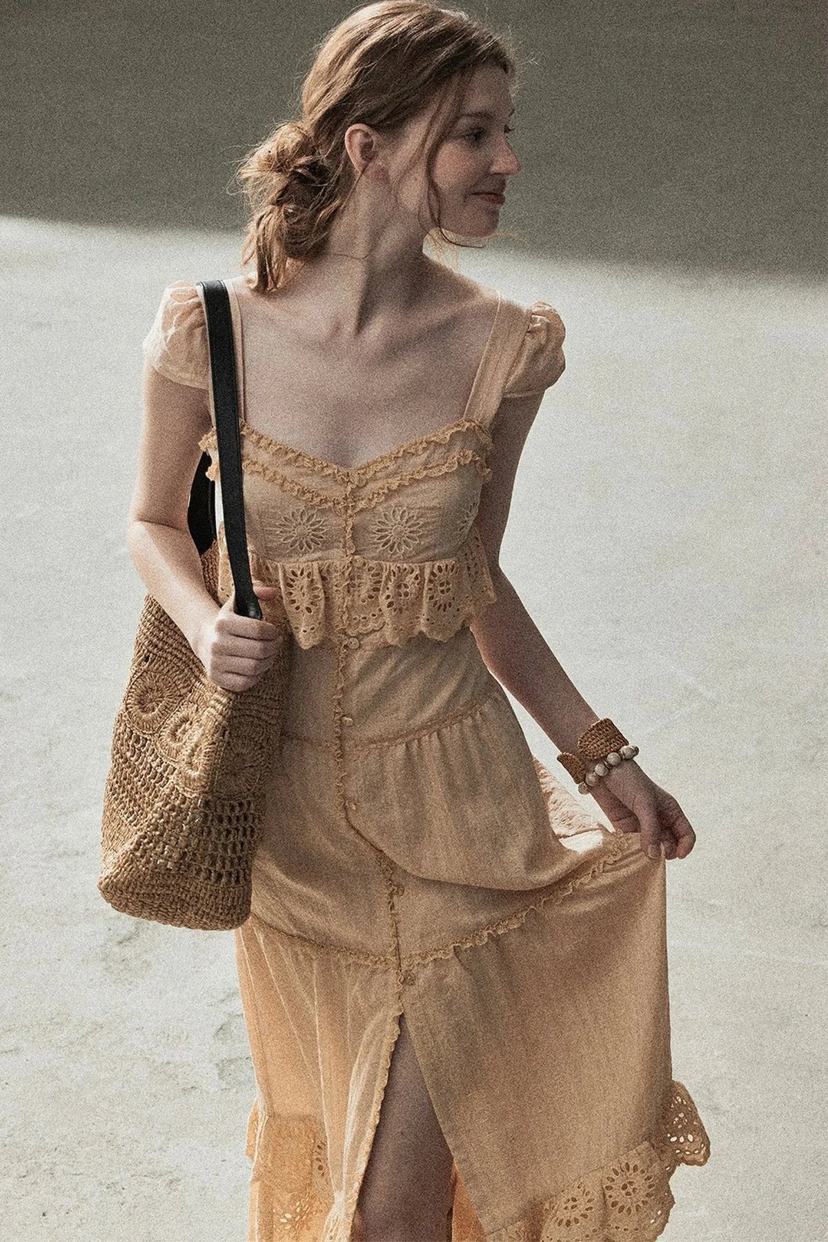 Ruffled French Short-Sleeve Long Dress