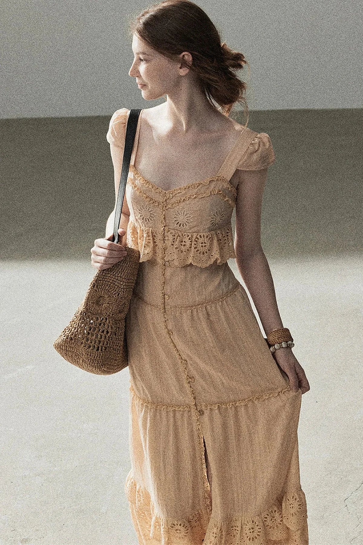 Ruffled French Short-Sleeve Long Dress