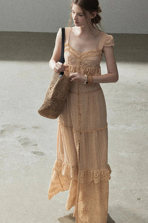 Ruffled French Short-Sleeve Long Dress