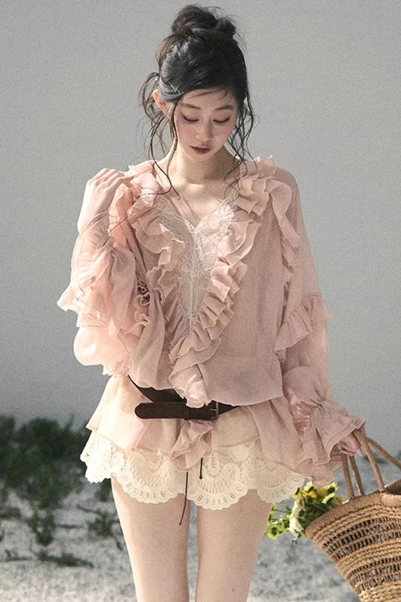 Ruffled Lace Chiffon Blouse