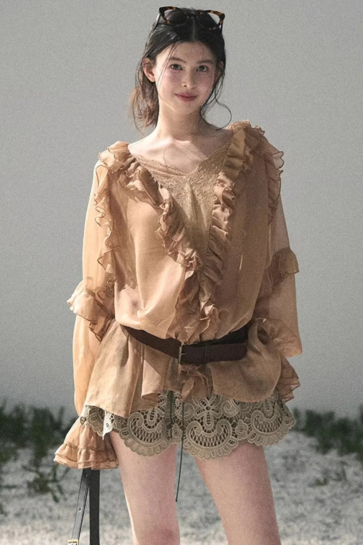 Ruffled Lace Chiffon Blouse