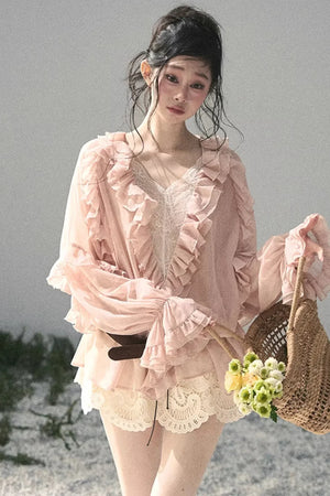 Ruffled Lace Chiffon Blouse