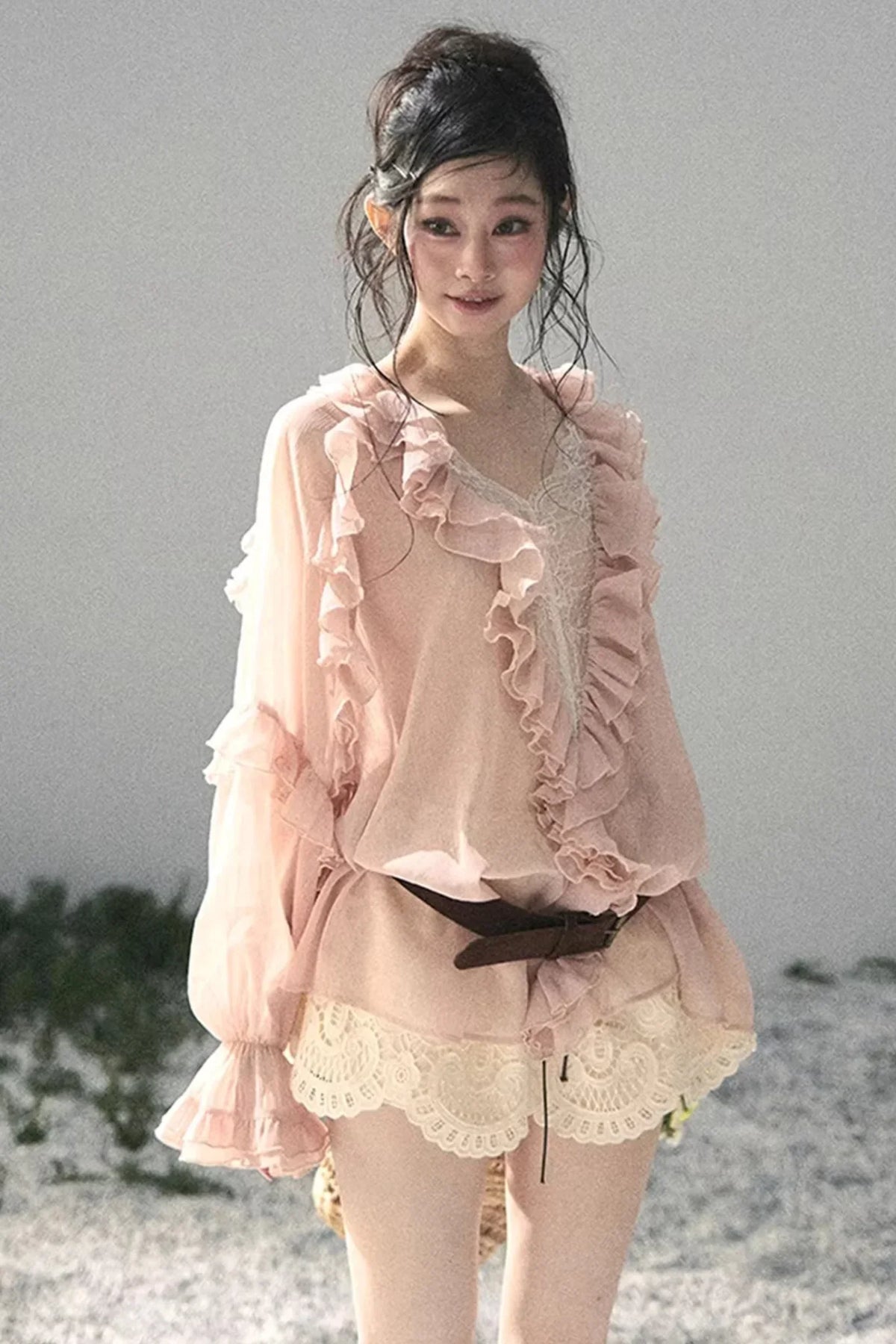 Ruffled Lace Chiffon Blouse