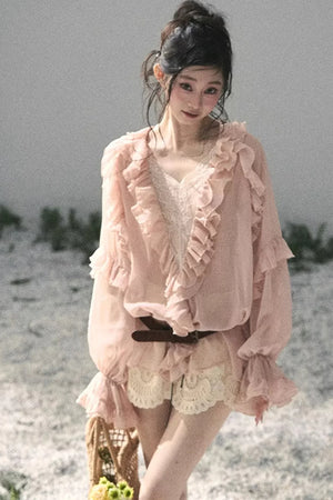 Ruffled Lace Chiffon Blouse