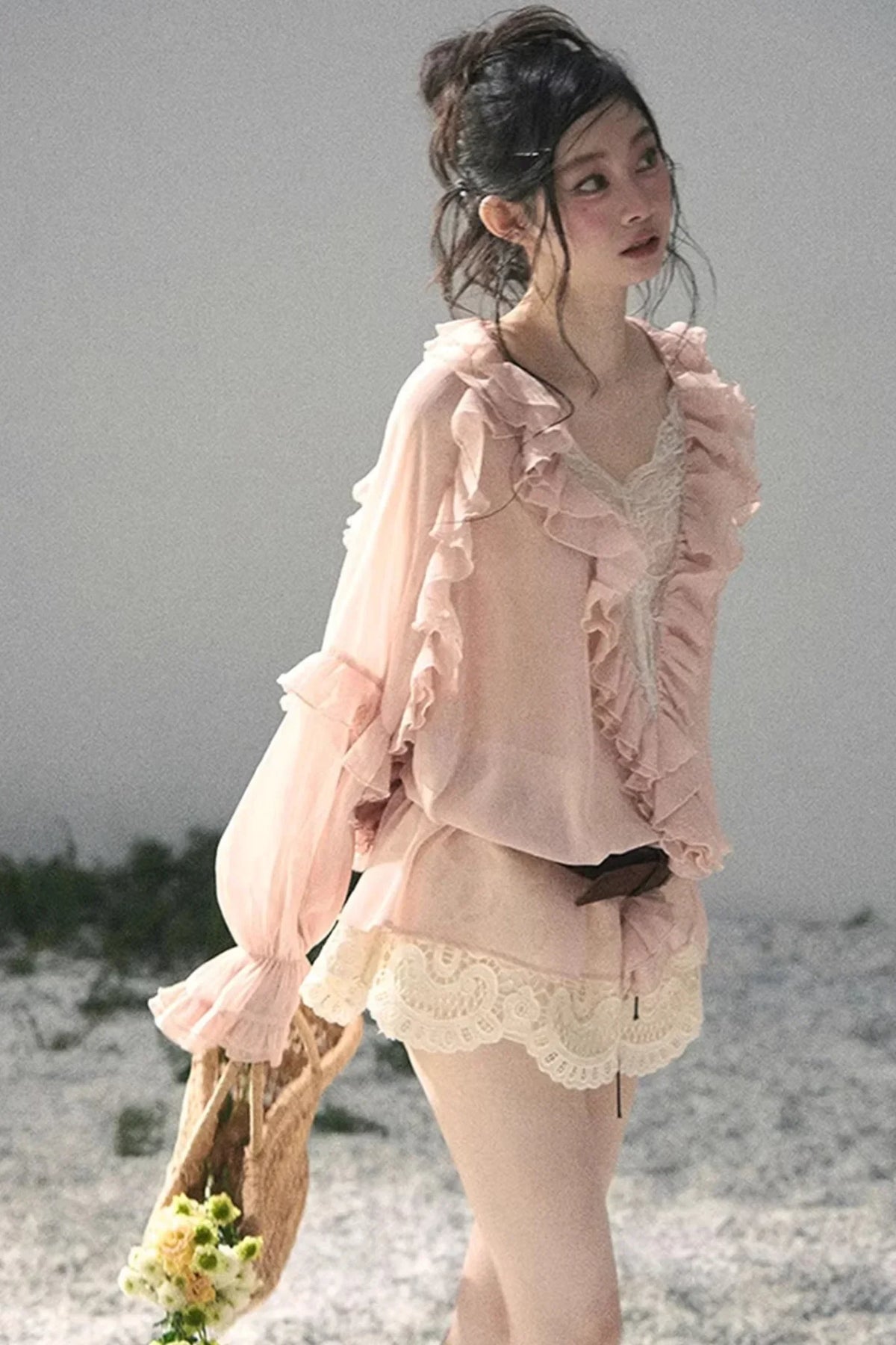 Ruffled Lace Chiffon Blouse