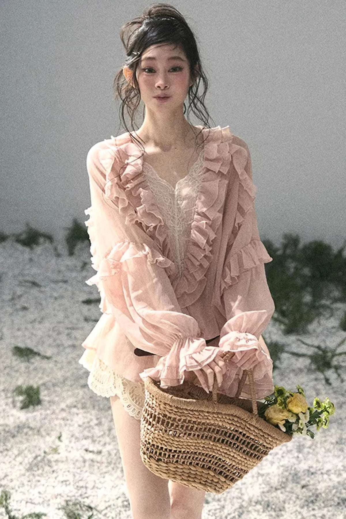 Ruffled Lace Chiffon Blouse