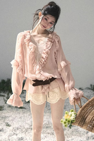 Ruffled Lace Chiffon Blouse