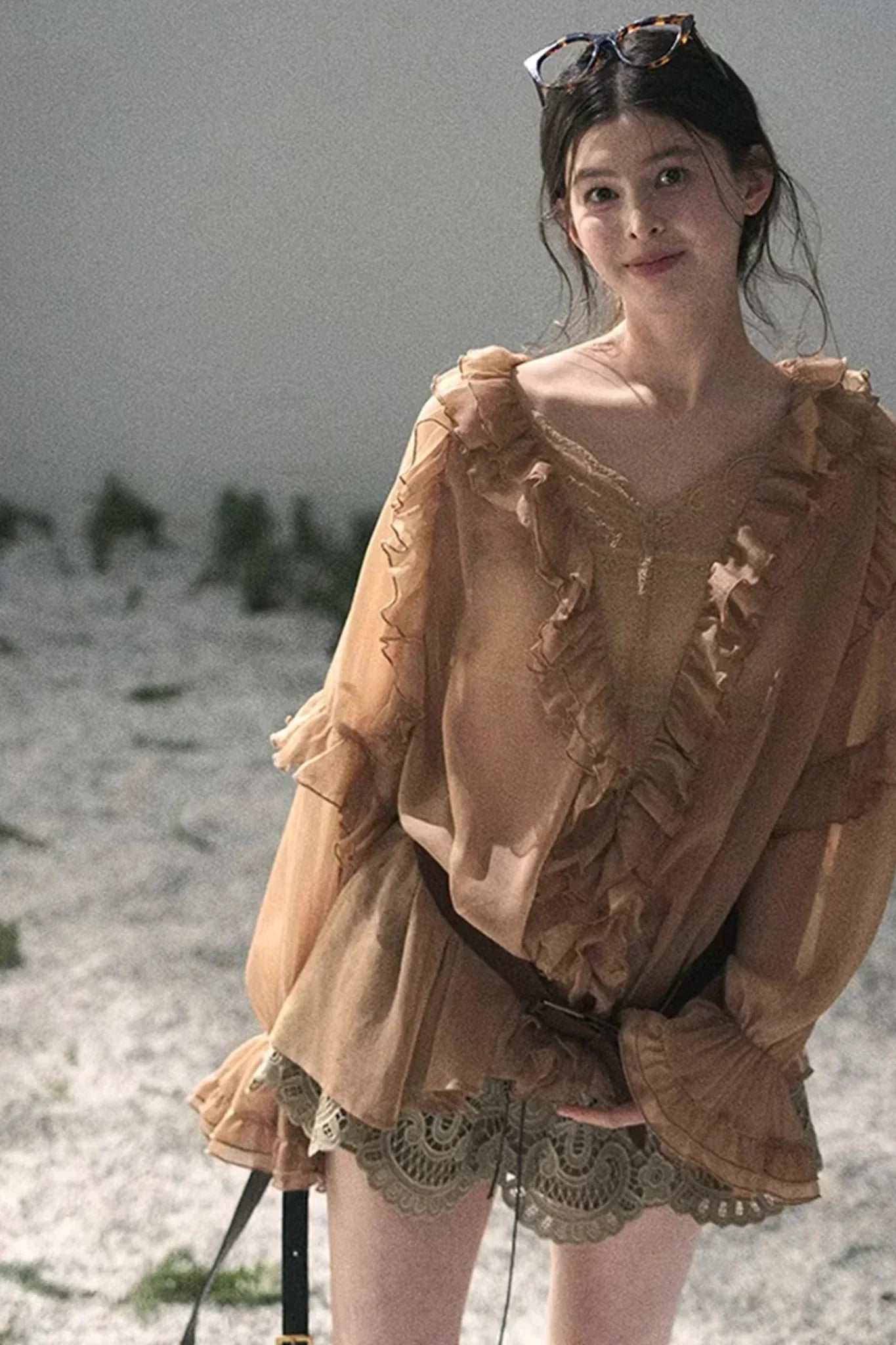 Ruffled Lace Chiffon Blouse