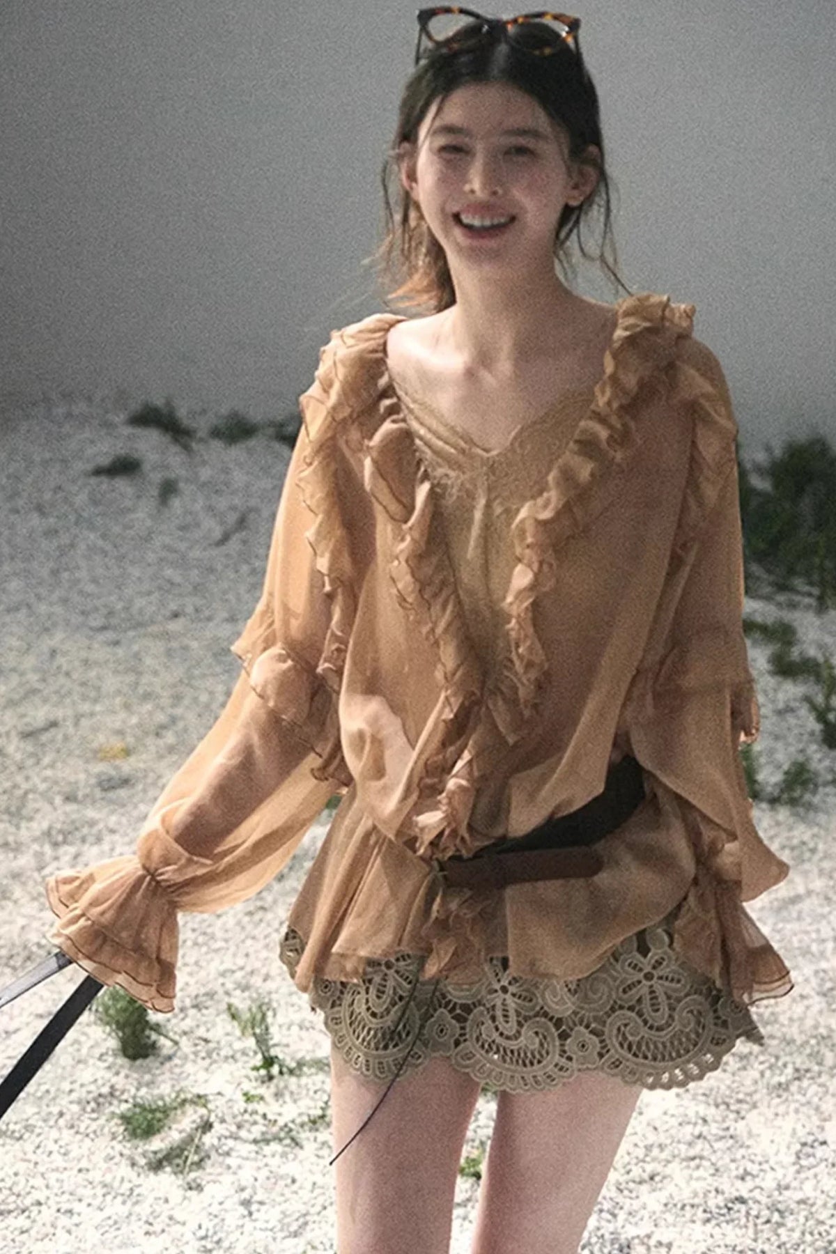Ruffled Lace Chiffon Blouse