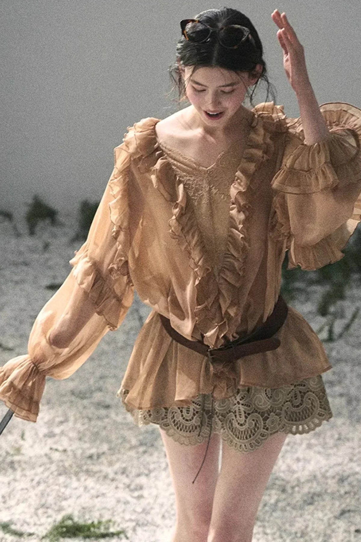 Ruffled Lace Chiffon Blouse