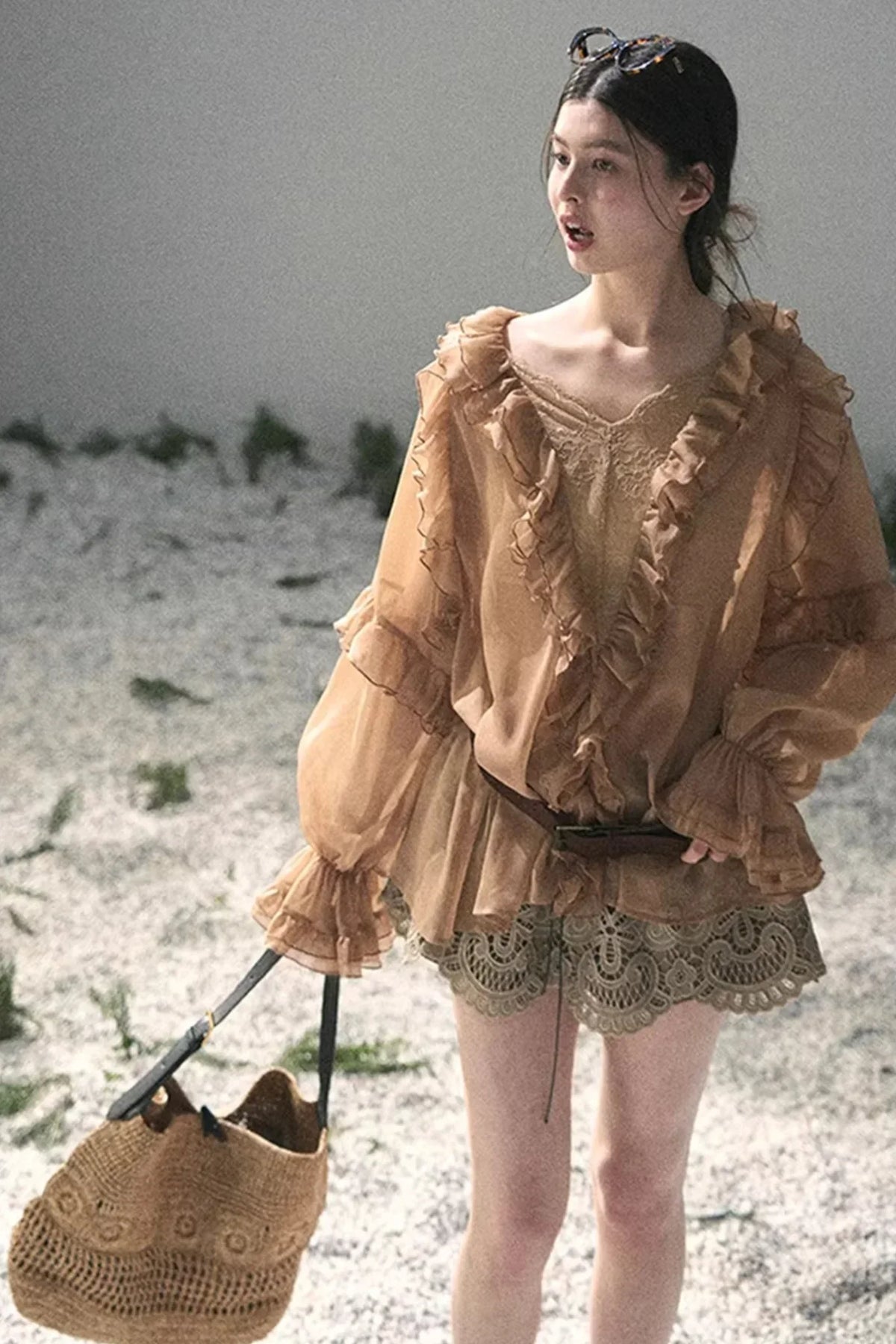 Ruffled Lace Chiffon Blouse