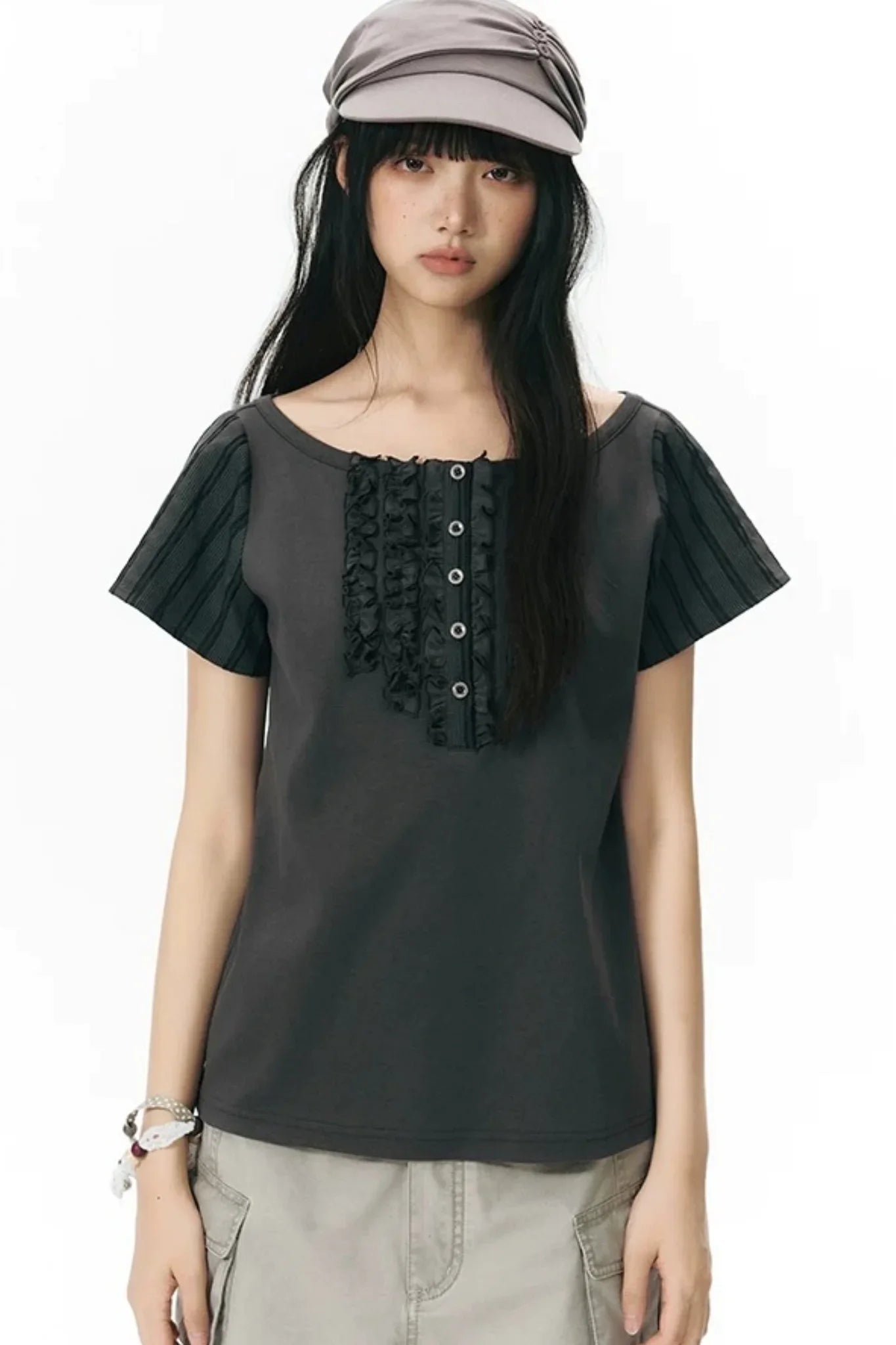 Ruffled Patchwork Knit Blouse