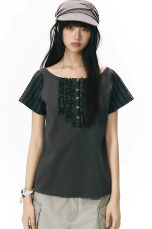 Ruffled Patchwork Knit Blouse