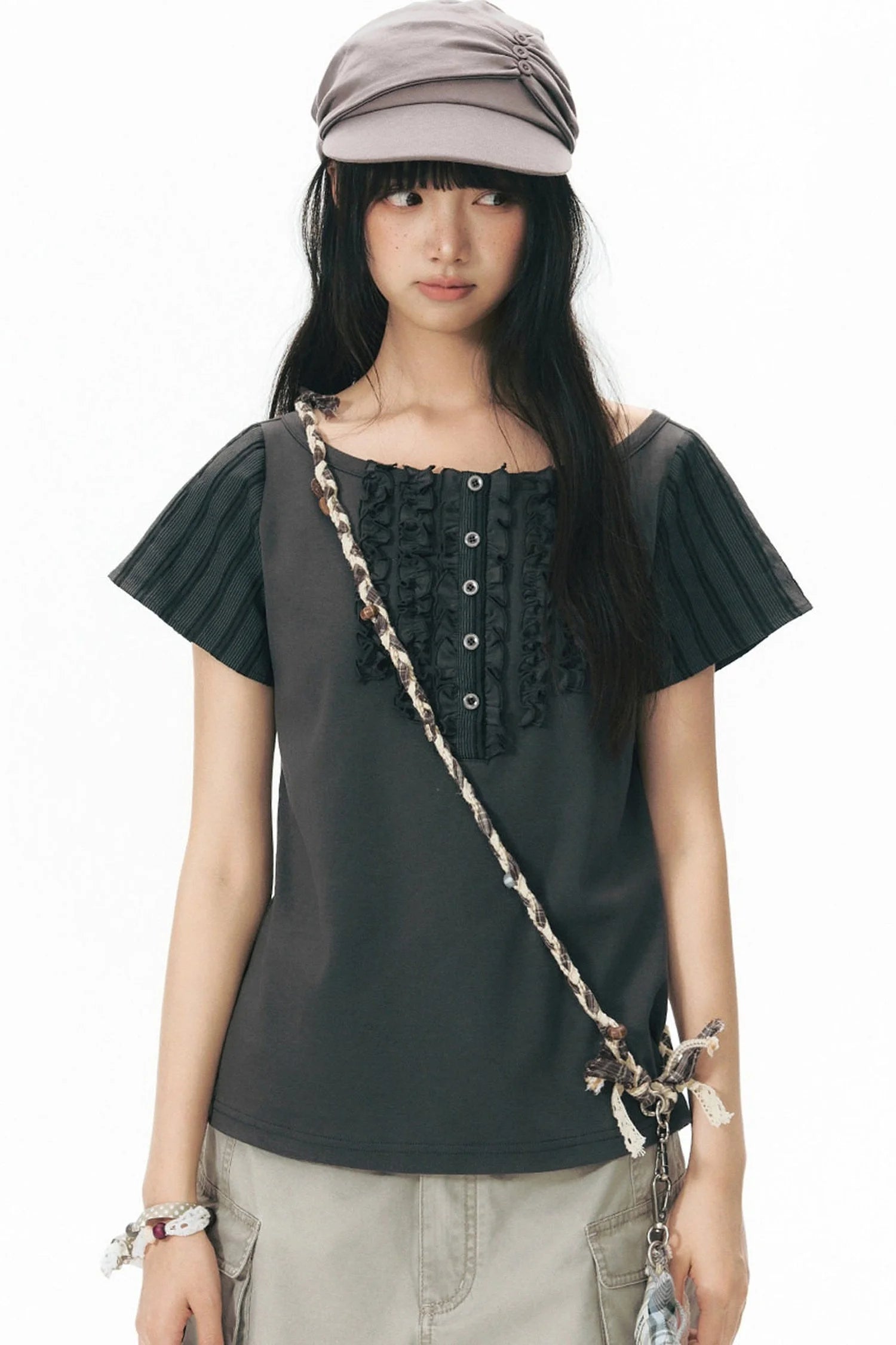 Ruffled Patchwork Knit Blouse