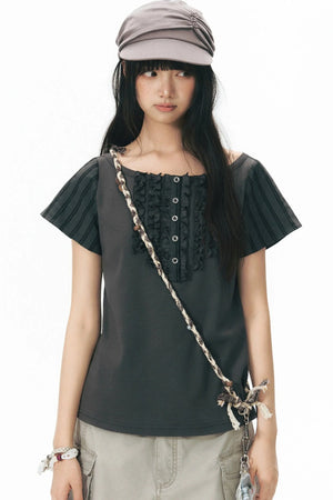 Ruffled Patchwork Knit Blouse