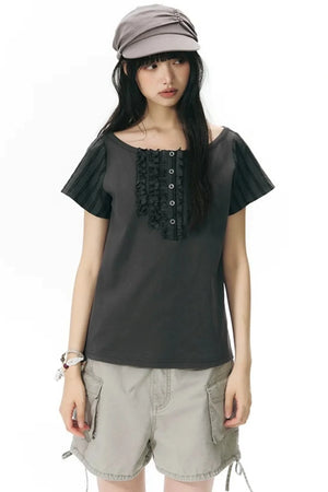 Ruffled Patchwork Knit Blouse