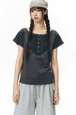 Ruffled Patchwork Knit Blouse