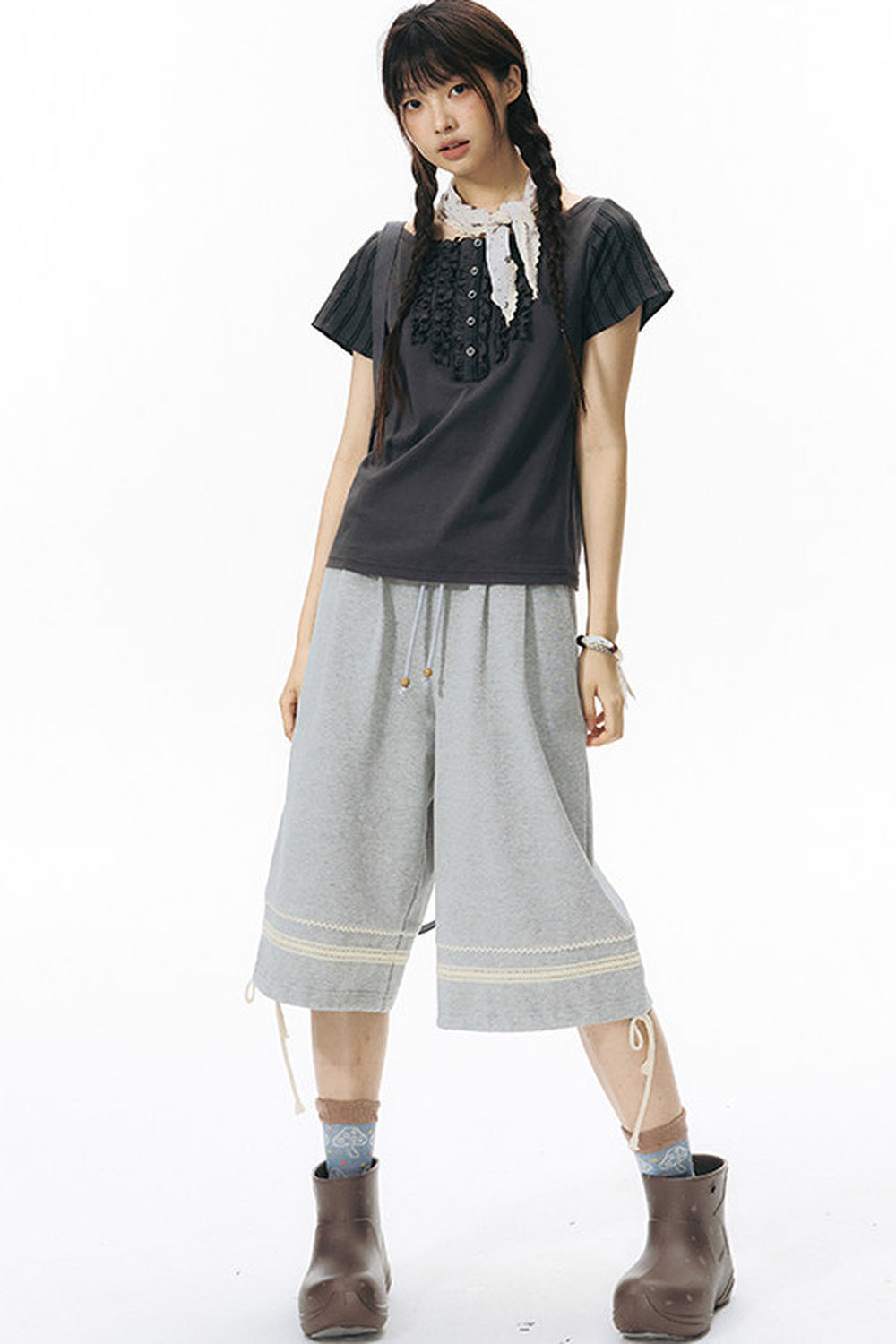 Ruffled Patchwork Knit Blouse