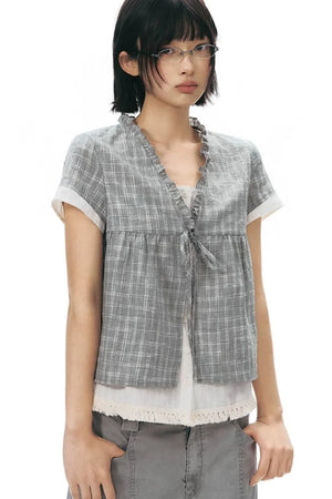 Ruffled Plaid V-Neck Shirt