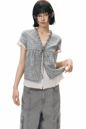 Ruffled Plaid V-Neck Shirt