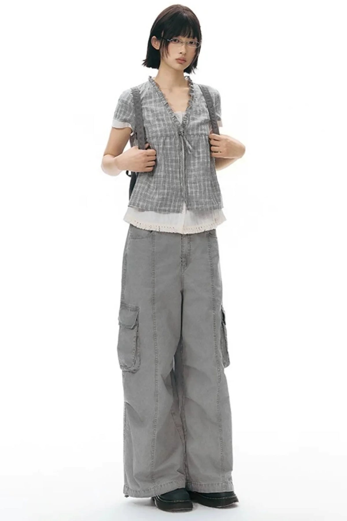 Ruffled Plaid V-Neck Shirt
