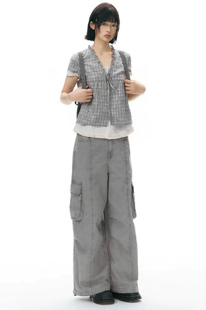 Ruffled Plaid V-Neck Shirt