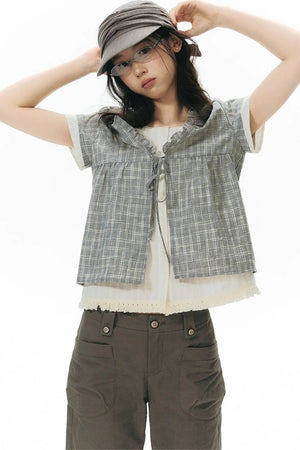 Ruffled Plaid V-Neck Shirt