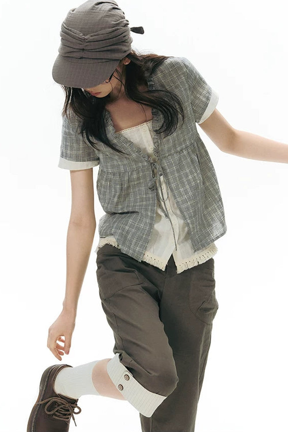 Ruffled Plaid V-Neck Shirt