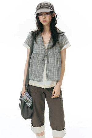 Ruffled Plaid V-Neck Shirt