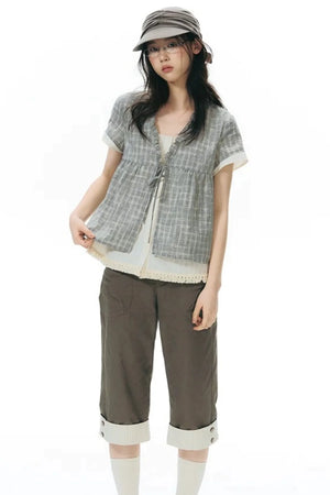 Ruffled Plaid V-Neck Shirt